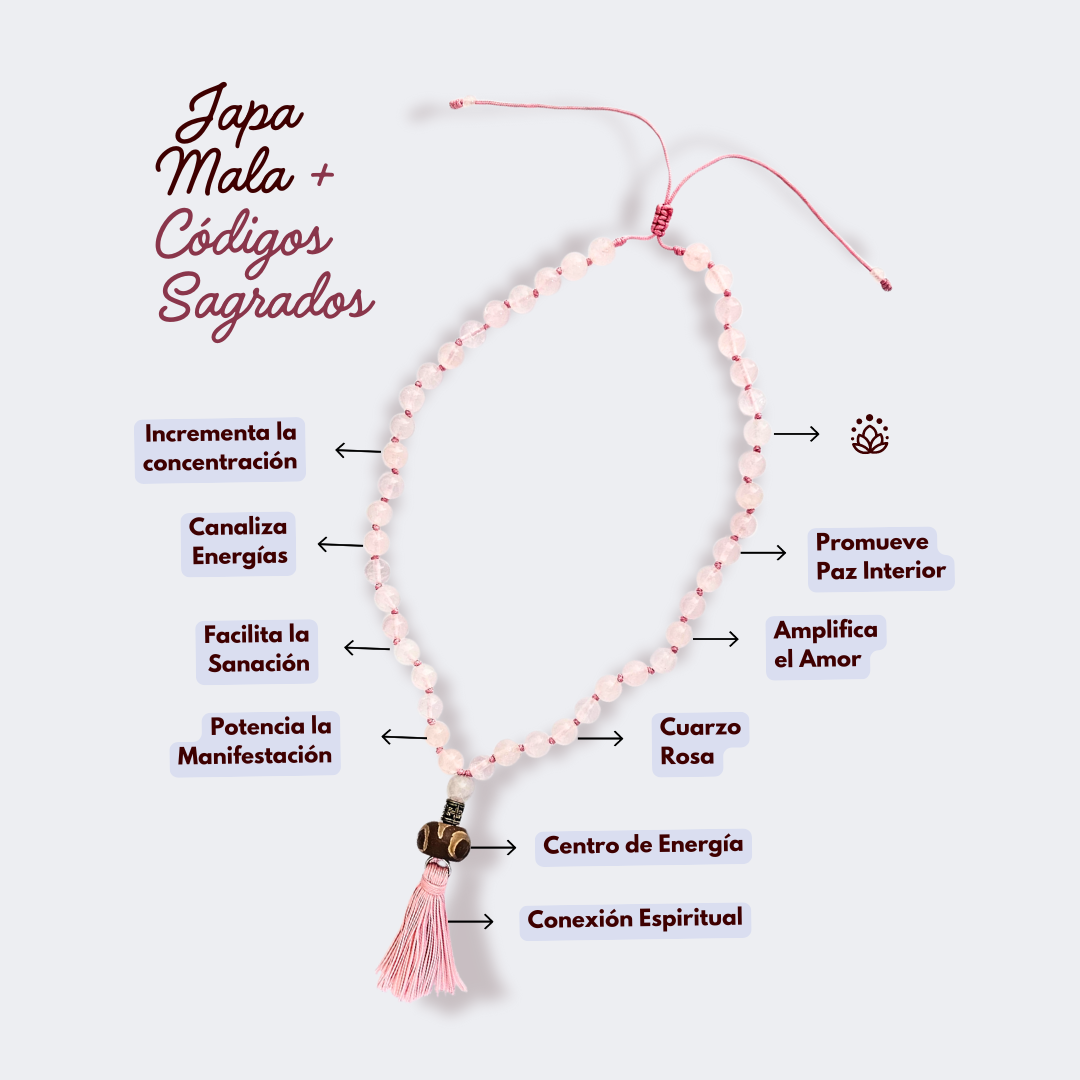 Japa Mala 45 Cuentas - Códigos Sagrados (Cuarzo Rosa)